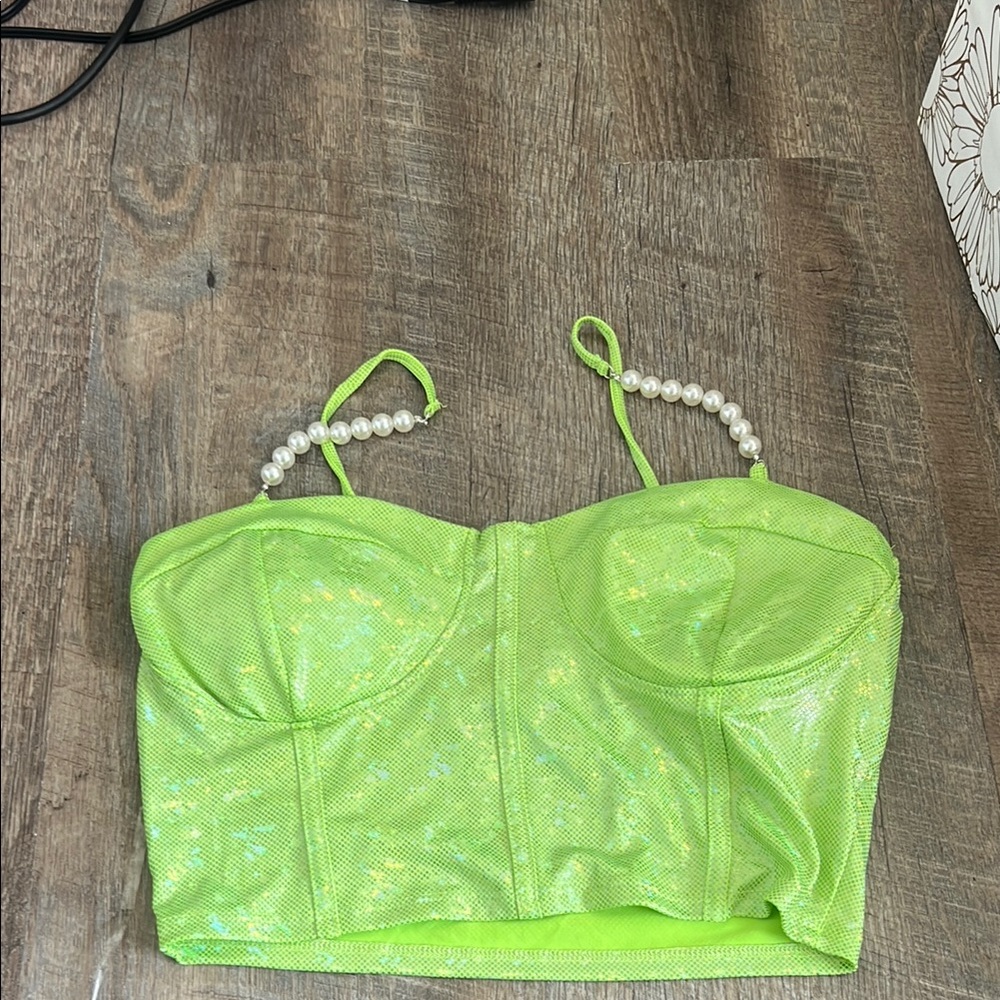 Green Sequin Crop Top with Pearl Straps